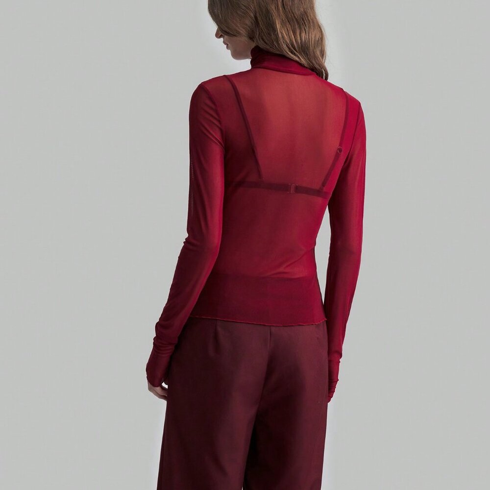 Burgundy  Wine Red Sexy Women's Elegant mesh turtlenck Top - Picture 2 of 8